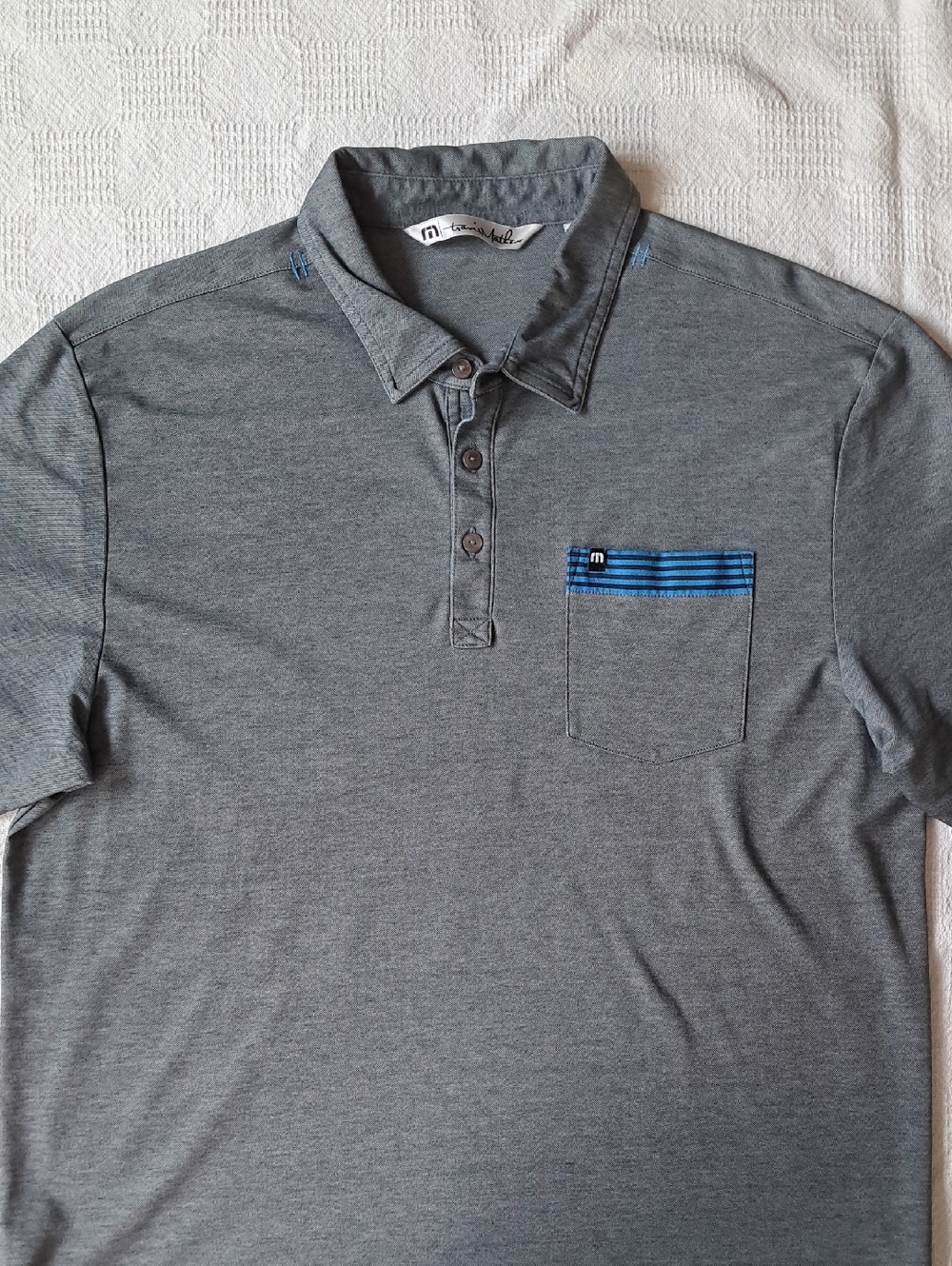 Travis Mathew Gray Polo with Blue-Striped Pocket